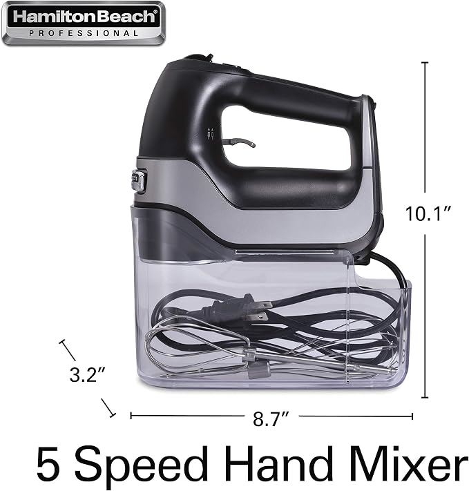 Hamilton Beach Professional 5-Speed Electric Hand Mixer | High-Performance DC Motor | Slow Start | Snap-On Storage Case | Stainless Steel Beaters & Whisk | Black | 62651