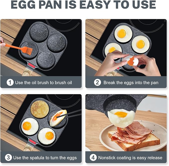 4‑Cup Nonstick Egg Pan Set with Lid – Aluminum Omelette Skillet for Breakfast, Includes Silicone Scraper, Oil Brush, Chopsticks & Cleaning Cloth – Compatible with Gas & Induction Cooktops (Black)
