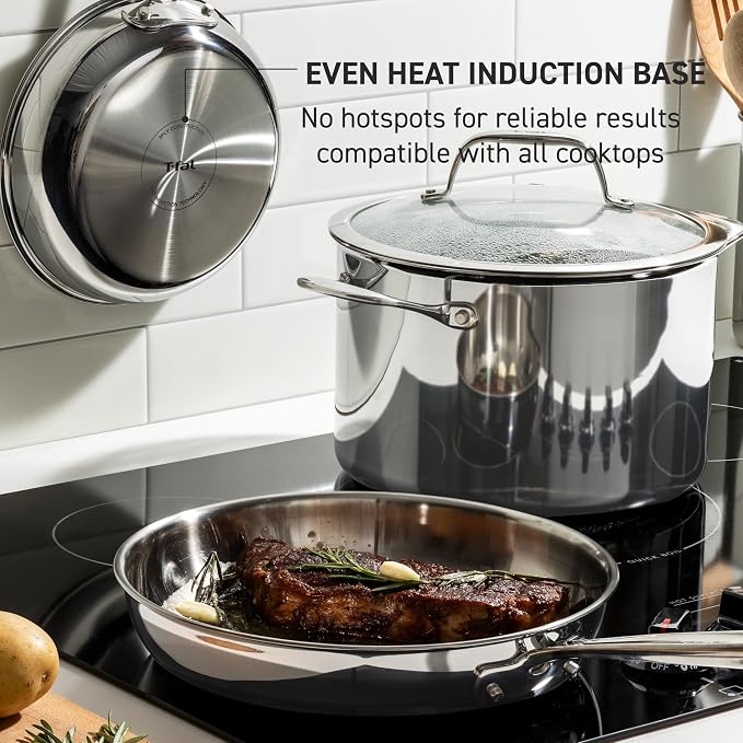 T-Fal Pro Tri-Ply Stainless Steel 6 qt Dutch Oven Pot with Lid, Induction | NSF professional grade, Glass lid traps moisture, Oven safe to 500 F, Braising and stewing use, Built-in measuring marks