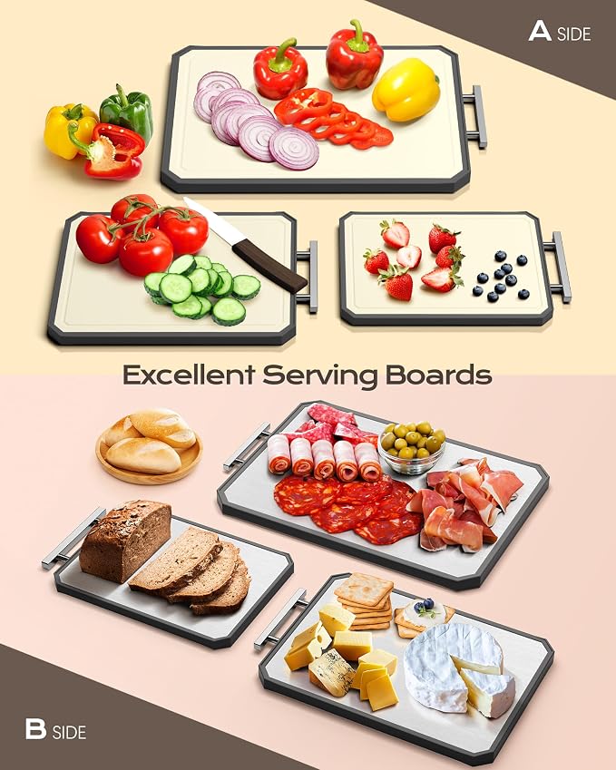 EXTRA LARGE Stainless Steel Cutting Board Set of 3 for kitchen | Non Toxic Metal Cutting Board,Double Sided Stainless Steel/Wheat pp Large for meat Dishwasher Safe,20*13.8+16*11+12*8.3 Inch