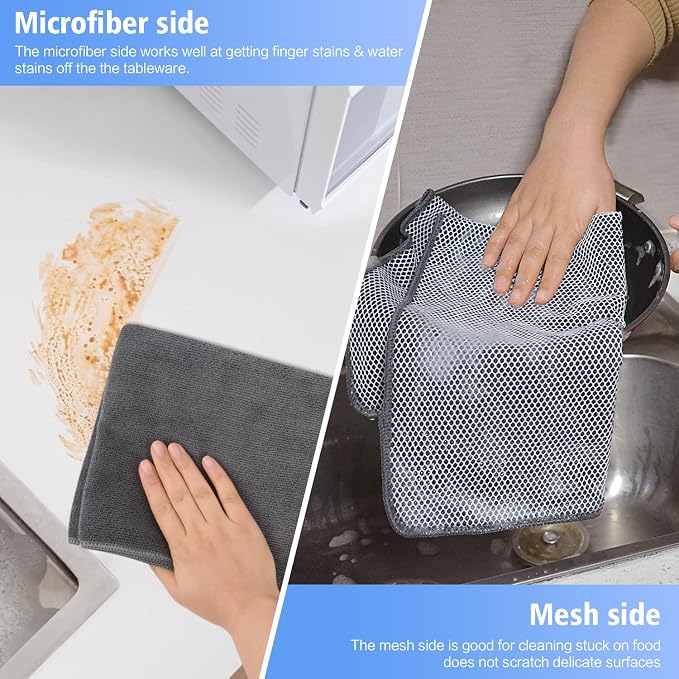 Dish Cloths for Washing Dishes with Scrub Side, Microfiber Dish Rags | Dual-sided microfiber dish cloths with scrubber for stuck-on food, quick dry kitchen washcloths 6 Pack, 15" x 25 Inch Gray