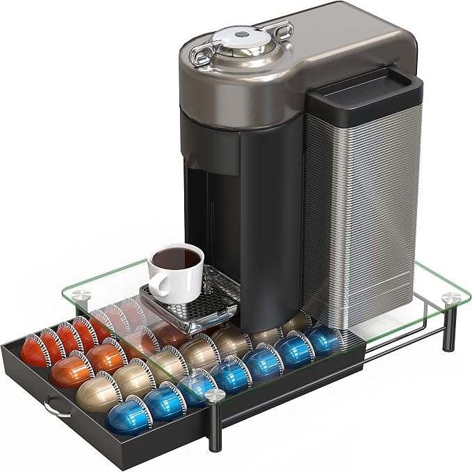 Deco Brothers Tempered Glass Vertuo Pod Holder, Fits 28 Large/56 Small Pods | Compatible with Nespresso Capsule, Black