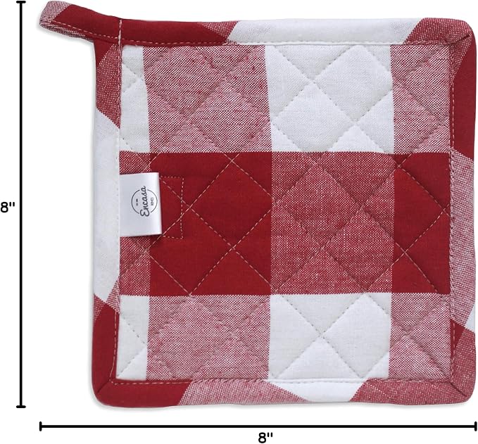 Encasa XO Pot Holders, Quilted Kitchen Hot Pads 8"x8" Buffalo Red Checks | 100% Eco-Friendly Cotton | Thick Cotton Padding Insulation | Convenient Hanging Loop | Set of 2