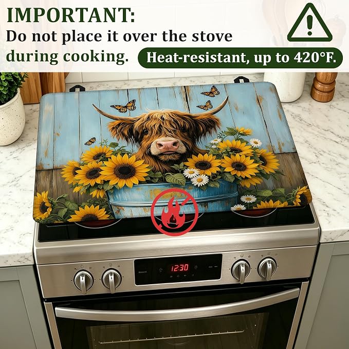 Highland Cow Stove Top Cover for Electric Stove 28.5"x 20.5",Cow Sunflower Wood Heat Resistant Glass Top Stove Cover Protector, Glass Cooktop Covers, Kitchen Flat Electric Stove Top Covers