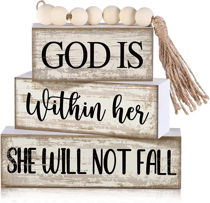 Lineshading 4 Pcs Wooden Blocks God Is Within Her Farmhouse Decor | Stacked Block Signs with Beads Tassel, Whitewash Finish, Tiered Tray Decor, Faith Gift for Women, She Will Not Fall
