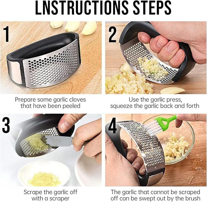Garlic Press Rocker, Stainless Steel Garlic Mincer Crusher Professional Kitchen Gadgets Garlic Chopper with Ergonomic Handle, Silicone Garlic Peeler