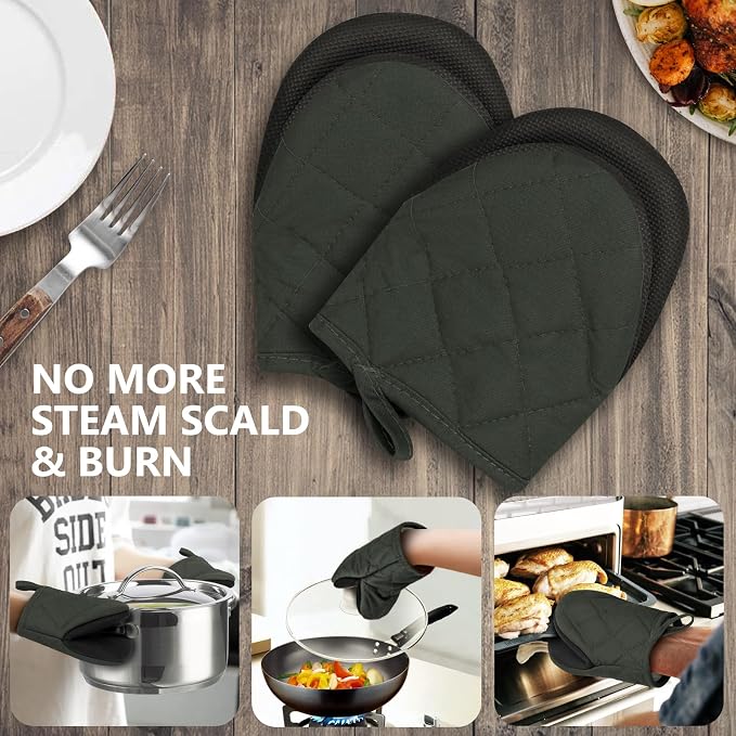 Goldmeet Mini Oven Mitts 2-Pack, 7"x5.5", 500°F Silicone Grip, Gray | Non-Slip, Heat Resistant, Machine Washable, Hanging Loop, Fits Small Hands, for Baking Grilling BBQ Cooking