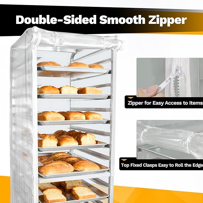 BIEAMA 20 Tier Full Size Bun Rack Cover, Commercial Bakers Racks Cover | Clear PVC Sheet Pan Rack Cover with 2 Sided Zippers, 27" L x 21" W x 64" H