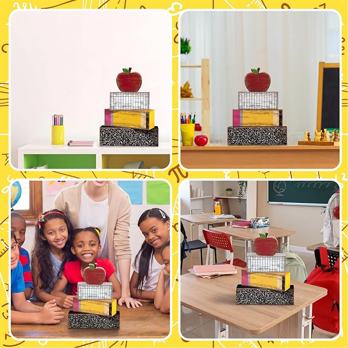 Lineshading 4 Pcs Back To School Table Decorations Wooden Apple Block Signs | Rustic Farmhouse Signs with Pencil Shape, Fake Apples Decor, Tiered Tray Display, Teacher Gifts, Classroom Decorations