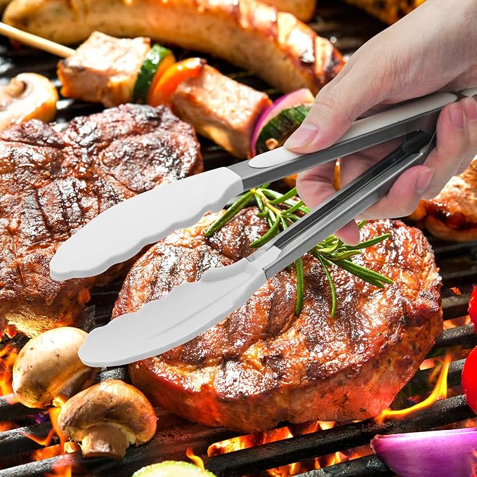 Premium Stainless Steel Heat Resistant Kitchen Tongs for cooking,set of 9" and 12" (White),Non Scratch Silicone cooking Tong Tip for Cooking Pans,Strong Grip BBQ tongs for Grabbing Hot Food