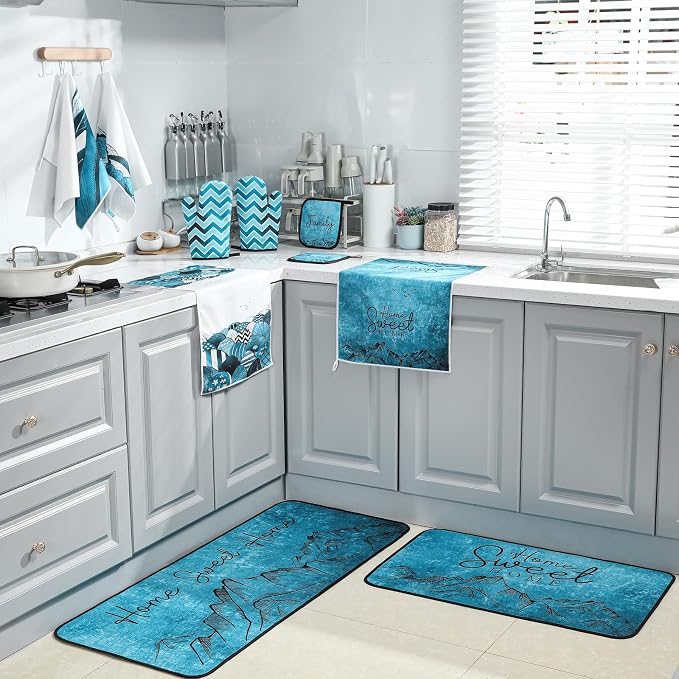 Fourluoo 10 Pcs Landscape Kitchen Dish Towels Rugs Oven Mitts and Pot Holders Set Farmhouse Kitchen Decor Set for Women Mom Daughter Gift Cooking Baking Grilling (Ocean Green)