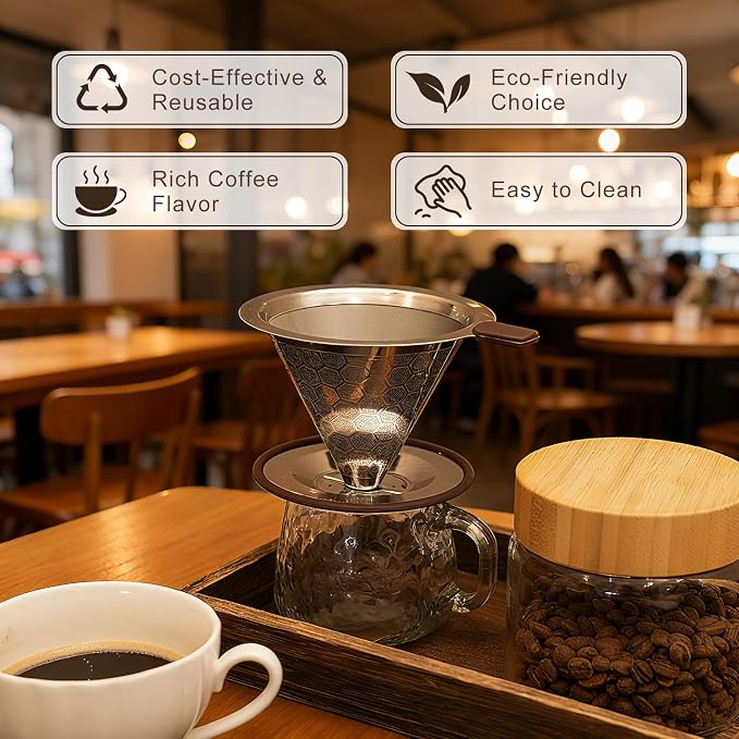 Pour Over Coffee Maker, Reusable Stainless Steel Filter | Easy to Clean, No Paper Waste. BPA-Free, Plastic-Free Coffee Filter. Eco-Friendly, Reusable, 1-2 Cup