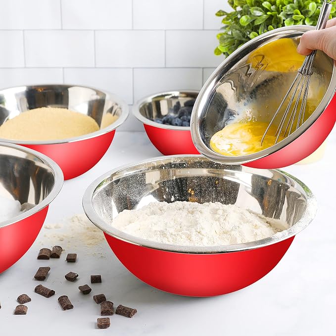 WHYSKO Stainless Steel Mixing Bowls Set, 5-Piece Meal Prep & Food Storage | .75, 1.5, 3, 4 & 5 Quart Metal Mixing Bowls Set for Prep, Serving, Baking & Food Storage, Ecofriendly, Dishwasher Safe, Red