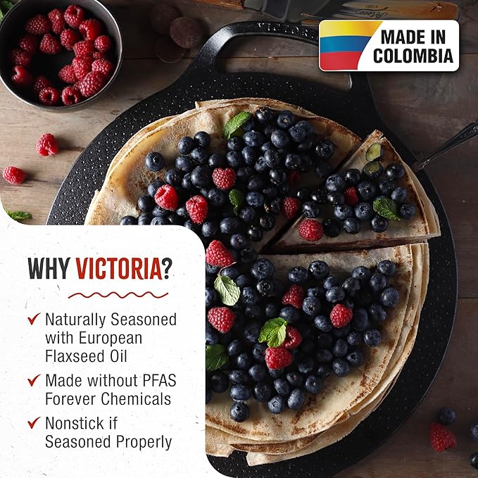 Victoria 15-Inch Cast Iron Comal Pizza Pan with 2 Side Handles, Preseasoned with Flaxseed Oil, Made in Colombia