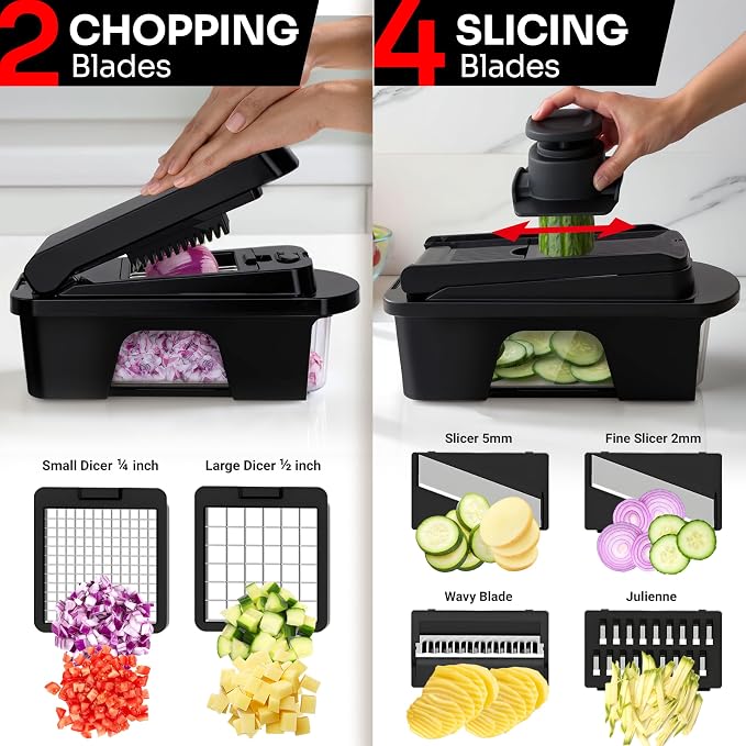 MUELLER HOME ULTIMATE 12 Blade Vegetable Chopper & Mandoline Slicer | Spiralizer, Dicer, Grater, Kitchen Essentials & Accessories, Black