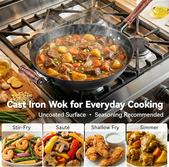 WANGYUANJI 13.4" Cast Iron Wok with Glass Lid, Flat Bottom | Uncoated cast iron wok with glass lid for stir-frying on induction, gas and electric stoves.
