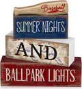 Lineshading 4 Pcs Baseball Wooden Blocks Sign with Bat, Blue White Red | Summer Nights Ballpark Lights Farmhouse Style, Party Centerpiece Room Tiered Tray, Stackable Blocks for Fans Boys Decor
