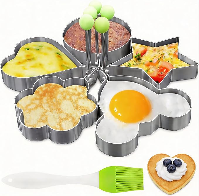 Pancake & Egg Mold Set – 5 Stainless Steel Shapes for Kids Breakfast Non‑Stick Egg Rings for Frying Eggs, Omelets & Mini Pancakes Heart, Star, Flower, Circle & Mouse Heat‑Safe, Dishwasher Safe