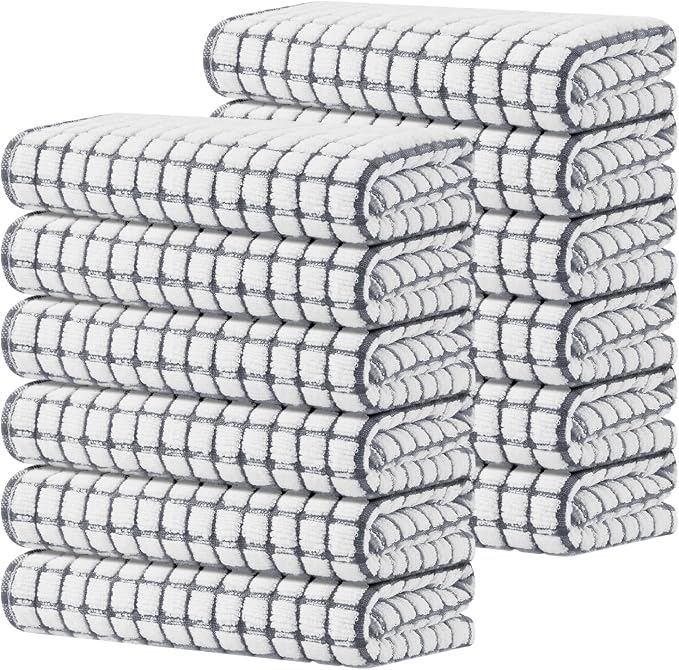 Kitinjoy Cotton 12 Pack Terry Kitchen Towels, Grey | 16 x 25 Inches Super Soft and Absorbent Dish Towels, Quick Drying hand towels for kitchen Drying