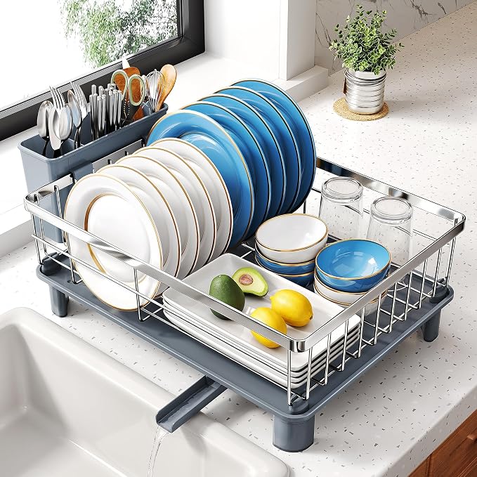 SNTD Dish Drying Rack for Small Kitchen Counter, 11" W x 15" L, Silver | Space Saving, Rotating Spout & Angled Drainboard for Quick Drainage, Stainless Steel, Removable Utensil Holder