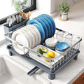 SNTD Dish Drying Rack for Small Kitchen Counter, 11" W x 15" L, Silver | Space Saving, Rotating Spout & Angled Drainboard for Quick Drainage, Stainless Steel, Removable Utensil Holder