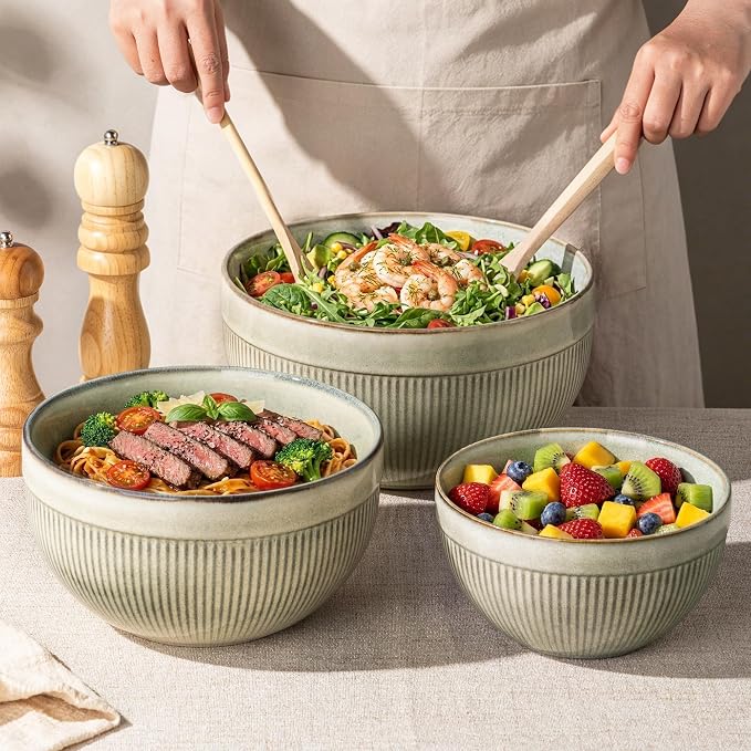 GBhome Ceramic Mixing Bowls Set of 3, Stoneware Nesting Serving Bowls, | 45/90/150 oz For Prep, Baking, Serving, Gift, Microwave and Dishwasher Safe, Ribbed Dishware Collection,Desert Sage