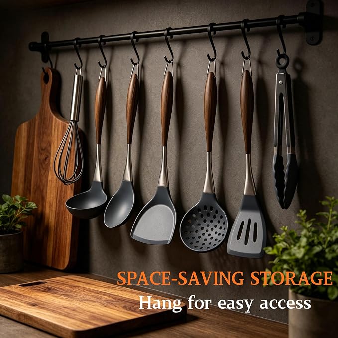 Silicone Cooking Utensil Set 7-Piece, Heat Resistant Kitchen Utensils Set Non-Stick with Wood Grain Handle, BPA-Free Spatula Set Dishwasher Safe (Space Gray)