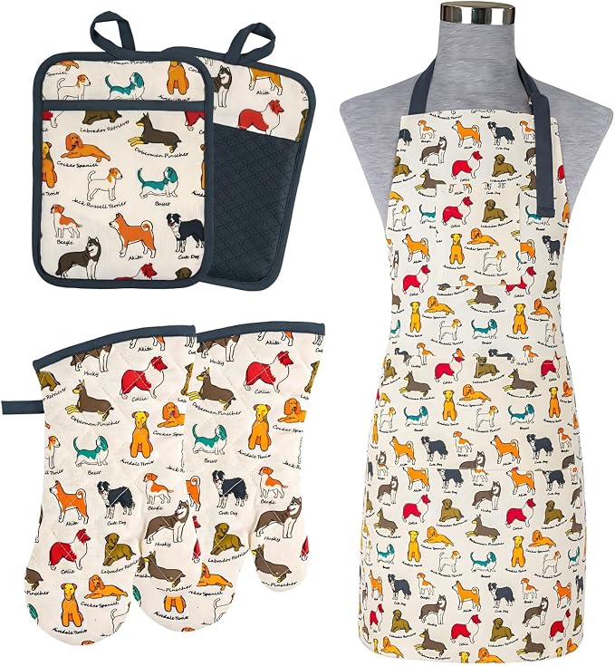 Alselo Oven Mitts and Pot Holders with Chef Apron,Kitchen Set of 5 | Heat Resistant Kitchen Gloves and Silicone Non-Slip Potholders Adjustable Neck Buckle Chef Apron, Cotton Dog Design (Dog)