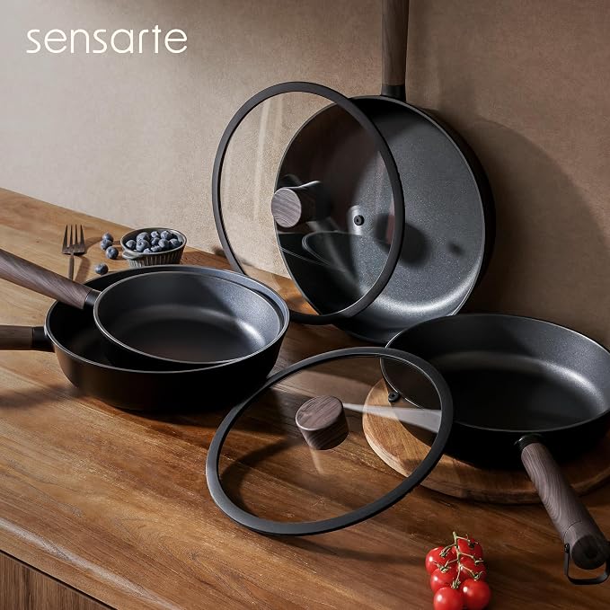 SENSARTE 11" Non Stick Frying Pans Skillet with Lid, PFOA/PFOS Free | Non Toxic Healthy Chef's Pan for Eggs, Works as Small Wok for Cooking, Kitchen & Home Essentials, Induction Compatible, Black