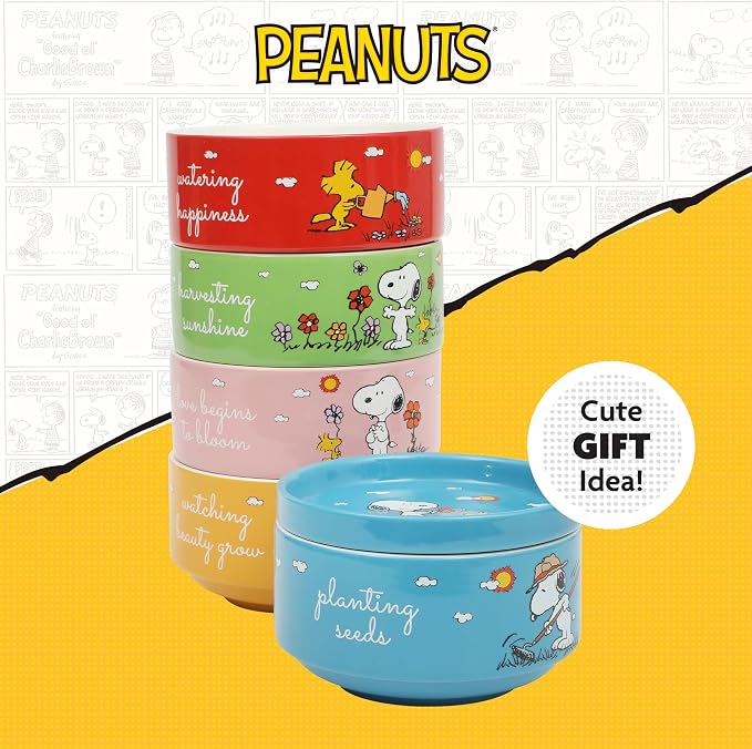 Peanuts Snoopy 6-Piece Stackable 5.5-Inch Decorated Stoneware Bowl Set With Matching Plate, Microwave & Dishwasher Safe, Collectible Kitchen Dinnerware