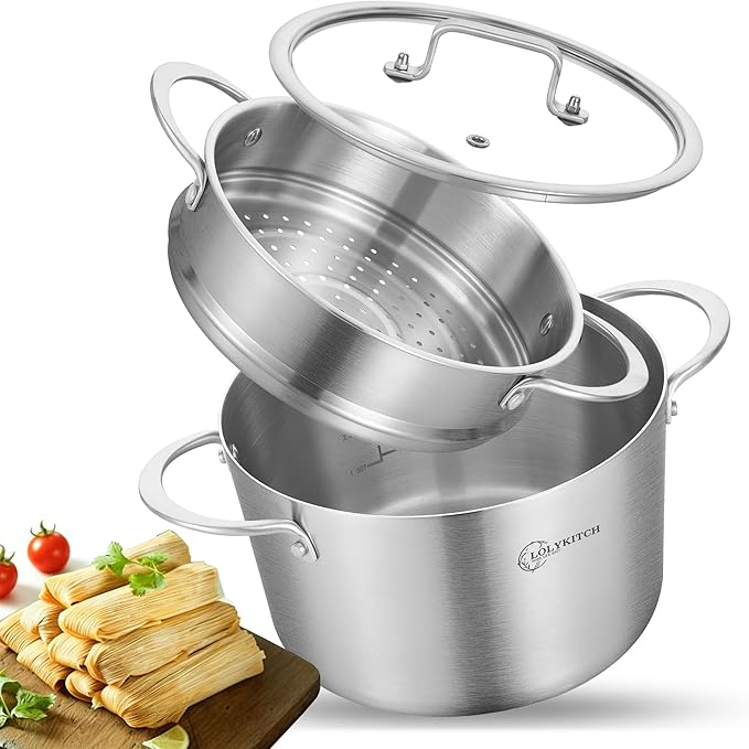 LOLYKITCH 5-Quart Tri-Ply Stainless Steel Steamer Pot with Glass Lid | Steaming Pot for Cooking | 2 Tier Induction Steamer Pot for Tamales Seafood Vegetables Dumplings | Stock Pot | Thick