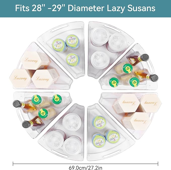 Oubonun Lazy Susan Organizers Set of 8, 11.6’’ x 10.2’’ x 4.1’' Plastic Transparent Kitchen Cabinet Storage Bins with Handle, 4.1" Deep Container, 1/8 Wedge - Food Safe, without BPA