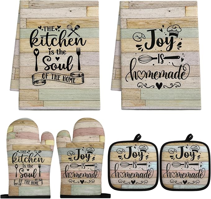 6 Pcs Kitchen Decor Accessories Set with Oven Mitts Pot Holders | Farmhouse Absorbent Dish Towels, Kitchen Sets for Home Decorations for Cooking Baking Grilling