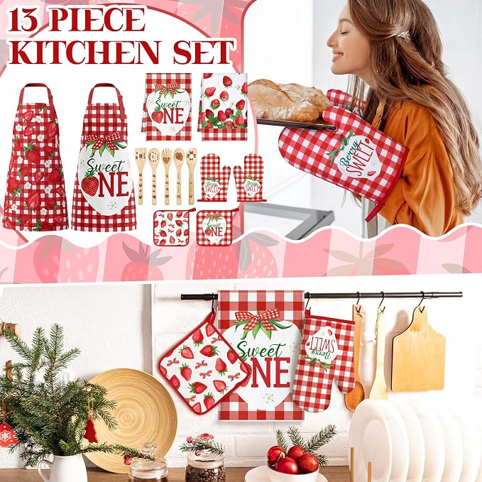 Bencailor 13 Pcs Strawberry Kitchen Decor Accessories Pink Kitchen Apron Dish Towels Oven Mitts and Pot Holders Cute Wooden Spoons for Farmhouse Home Strawberry Party Decoration Housewarming Gifts