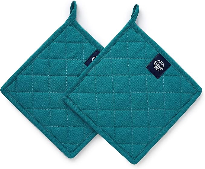 Encasa XO Pot Holders, Quilted Kitchen Hot Pads 8"x8" Azul Blue | 100% Heavyweight Cotton | Quilted Insulation | Multipurpose Trivets & Hot Pads | Hanging Loop | Set of 2
