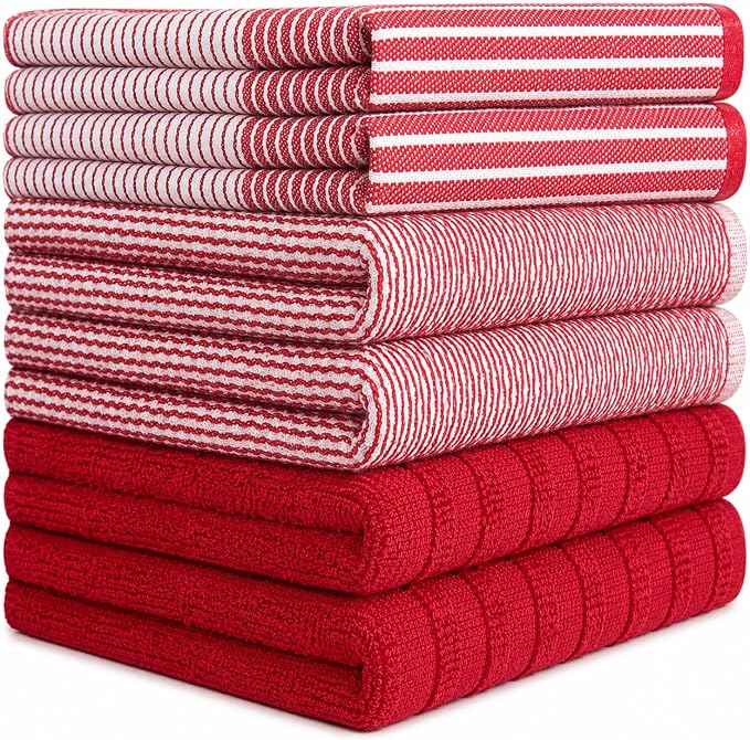 Premium Kitchen Towels 6 Pack 100% Cotton, 20"x28" Dish Towels - Red | Large Flat & Terry Kitchen Linen Set with Hanging Loops, Highly Absorbent for Washing and Drying Dishes