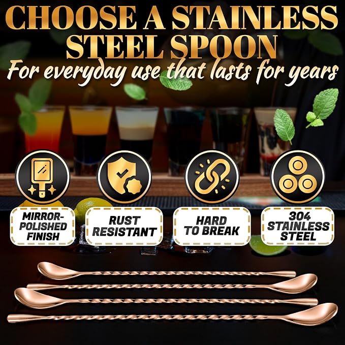 Rose Gold Bar Spoon Set of 4, 12 In, Stainless Steel, Spiral-Pattern Stem | Bar Spoons Cocktail Mixing Spoon Set; Dishwasher Safe, Rust-Resistant; for Cocktails, Iced Tea, Iced Latte; Sugar Spoon