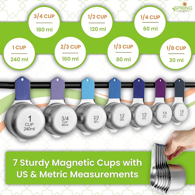 Spring Chef Magnetic Measuring Cups & Spoons Set of 15, Winter Frost | Patented Nesting Stainless Steel Measuring Cups & Heavy Duty Metal Measuring Spoons w/ Levelers for Dry & Liquid Ingredients