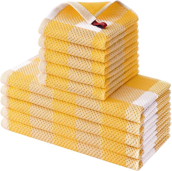 Homaxy Kitchen Towels and Dishcloths Set, Set of 10, White & Golden Yellow | Bulk Cotton Waffle Weave Check Plaid Kitchen Towels, Super Soft and Absorbent Dish Cloths, 12 x 12 and 13 x 28 Inches