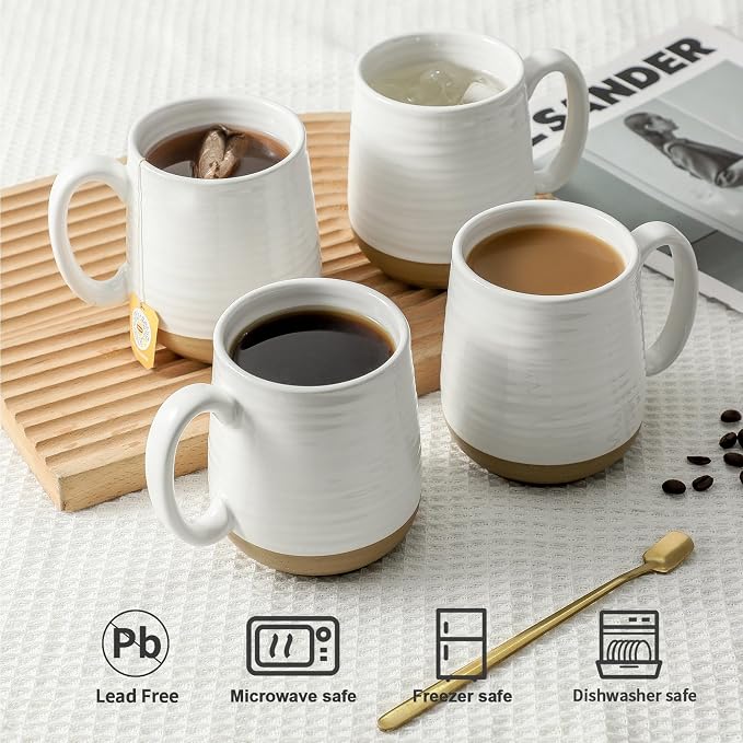 HASENSE Coffee Mugs Set of 4, 15oz Ceramic Coffee Cups with Handle, Two-Tone Design for Cappuccino Latte Tea, Large Microwave Dishwasher SafeMug Set, Housewarming Gift, Creamy White