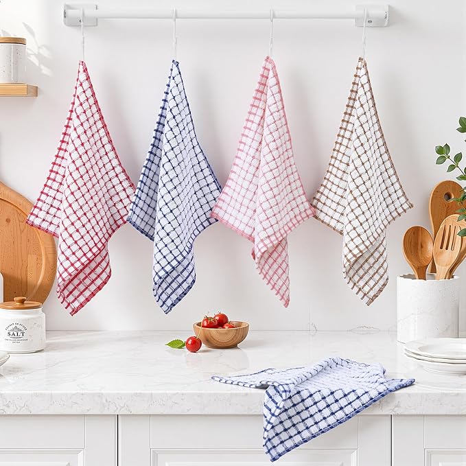 Homaxy 12 Pack Terry Kitchen Dish Cloths, 12"x12", Blue/Pink/Red/Brown | Super Soft and Absorbent Dish Rags, Quick Drying Reusable Dish Towels for Washing Dishes
