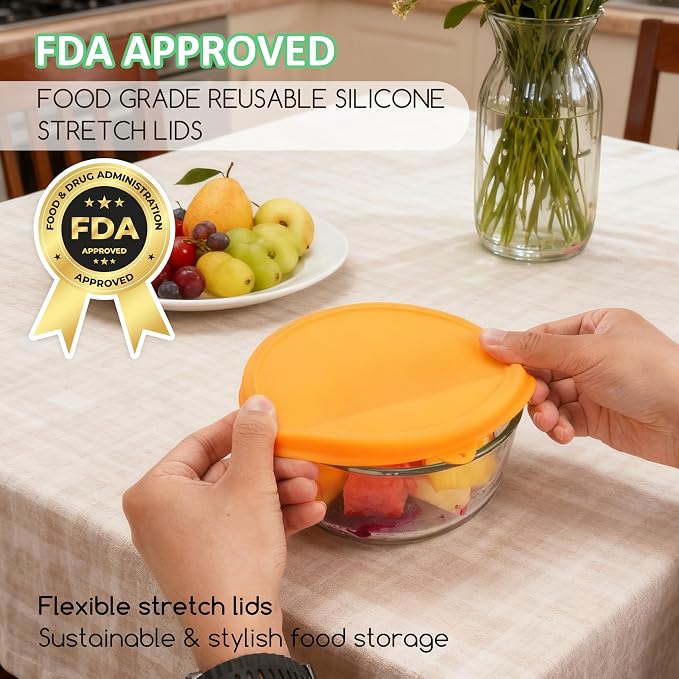 4 Cup Round Silicone Storage Cover Lids Replacement for Anchor Hocking and Pyrex 7201-PC Glass Bowls (Container not Included) (Red & Orange) 2 Pack