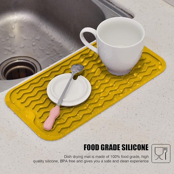 Silicone Dish Drying Mat, Non-Slip Easy Clean Sink Mat, Yellow, 12" x 6" | Quick-Dry Ridges, Large Heat-resistant Dish Drainer Mat for Kitchen Counter, Hangable & Roll-Up for Storage, Dishwasher Safe