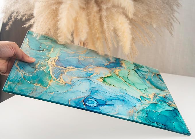 Glass Cutting Board 16"x12": Tempered Glass Kitchen Counter Protector - Durable- Scratch-Resistant, Heat-Proof - Design 9 - Teal Ocean