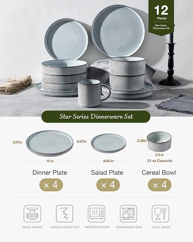 Famiware Star Stoneware Dinnerware Set, Reactive Glaze Plates & Bowls for 4 | 12-Piece Handmade Ribbed Dishes, Chip & Scratch Resistant Ceramic. Microwave & Dishwasher Safe, Rustic Modern, Smoky Blue