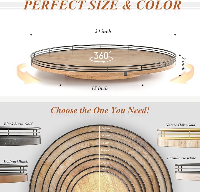 AMH 24-Inch Extra Large Farmhouse Oak Lazy Susan Organizer | Smooth rotating oak tray with walnut finish for dining tables, kitchen counters, pantries and cabinet storage.