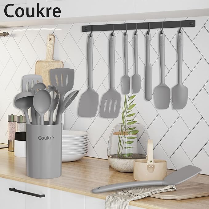Coukre Silicone Kitchen Cooking Utensils Set, Heat Resistant, 14-Piece | Dishwasher-Safe, Food-Grade Silicone, BPA-Free, Spatulas, Spoons & Turner, Safe for Nonstick Cookware, PureGray