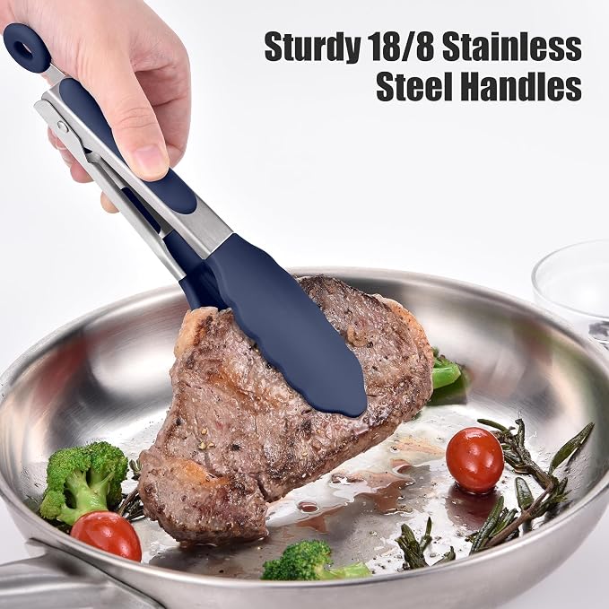 Doosu Kitchen Tongs with Silicone Tips for Cooking Serving (7in, Navy Blue) | 600°F Heat Resistant Food Tong, Heavy Duty Stainless Steel Locking Tong for BBQ, Grilling Steak, Salad, Toast, Pasta
