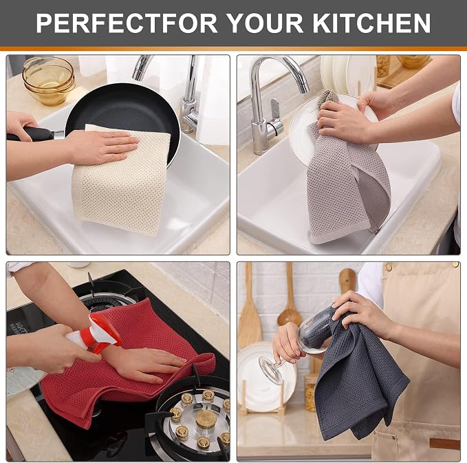 Kitinjoy 100% Cotton Waffle 4-Pack Kitchen Towels, 13" x 28", Multicolor | Super Soft, Ultra-Absorbent, Fast Drying, lightweight, Quick Drying Kitchen Hand Towels