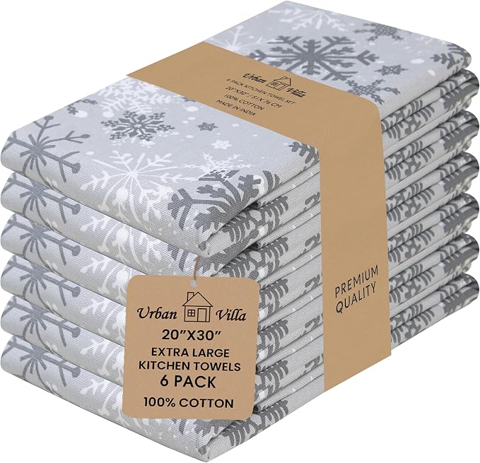 Urban Villa Kitchen Towels Cotton Dish Towels 20”x30” (Set of 6) Grey Snow
